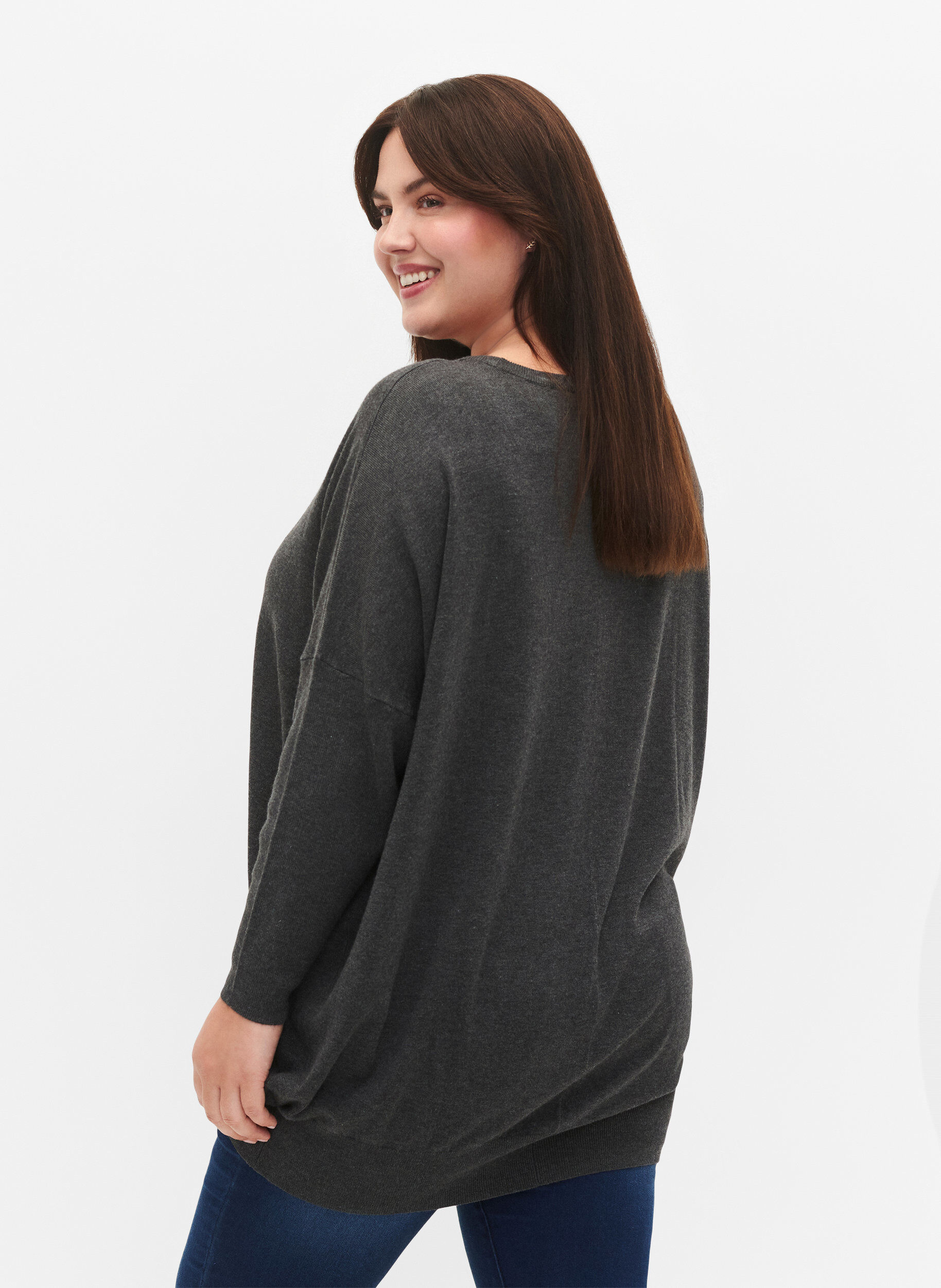 Zizzi Gebreide tuniek in viscosemix, Dark Grey Melange, Model image number 1