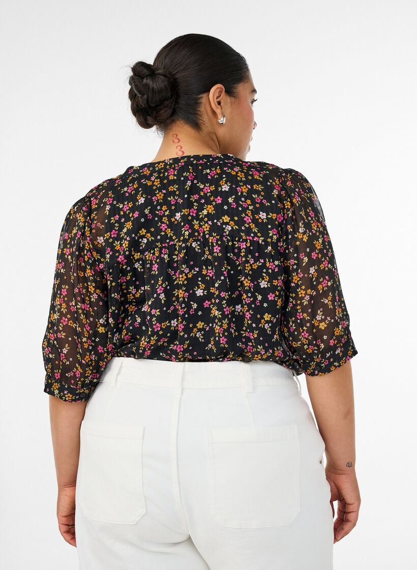 Blouse met bloemenprint en V-hals, Zwart, Model image number 2