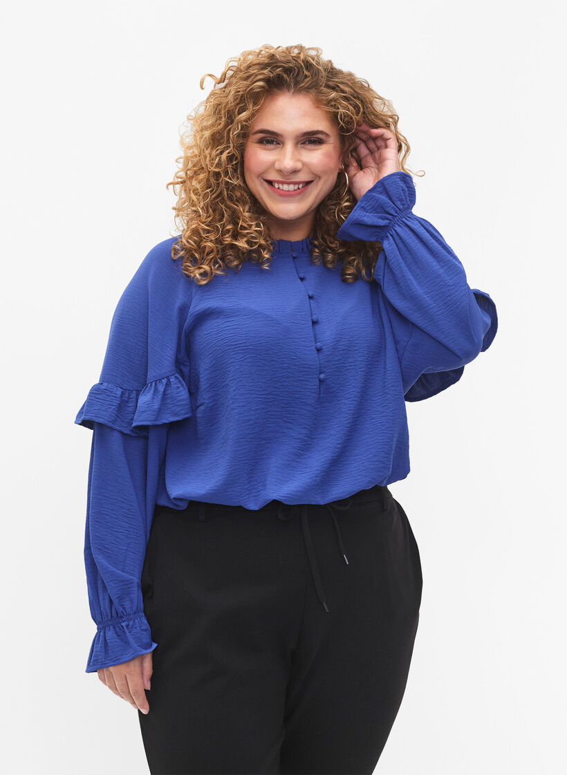 Blouse met ruches en knopen, Deep Ultramarine, Model image number 0