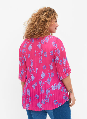 Gebloemde geplooide blouse, Beetroot Purple AOP, Model image number 1