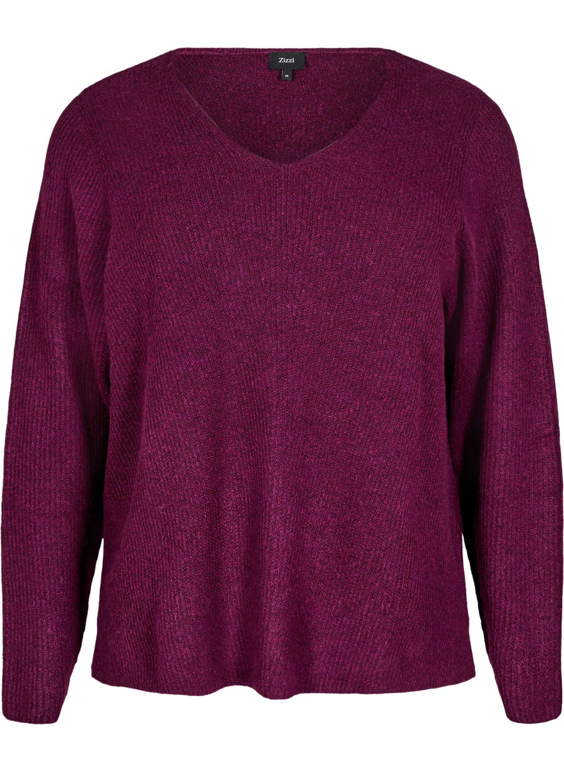 Zizzi Gebreide blouse met V-hals en lange mouwen, Potent P. Black Mel., Packshot image number 0