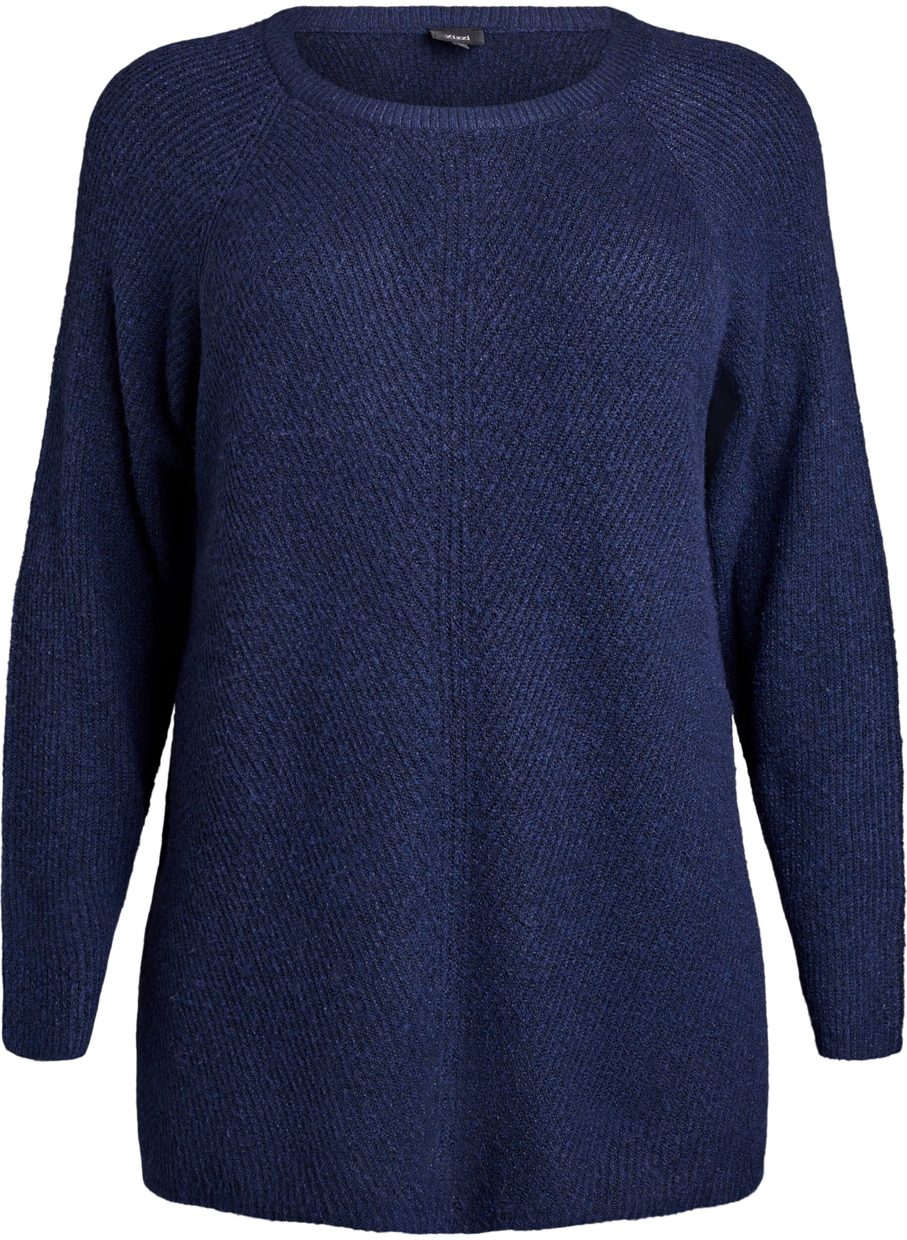ZizziGebreide trui met diagonale structuur en raglanmouwen, Blauw, Packshot image number 0