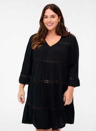 Viscose jurk met a-lijn en kanten lint, Black, Model image number 0