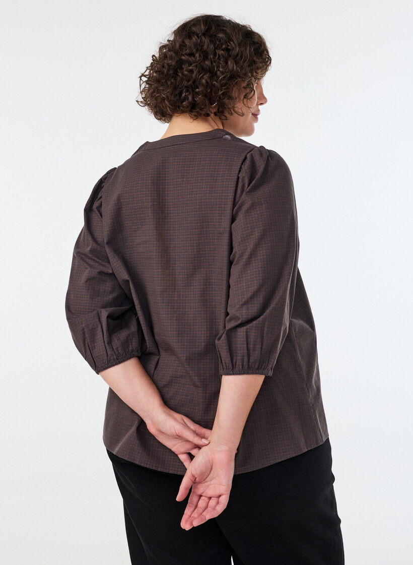 Blouse met ruitdessin, V-hals en 3/4-mouwen, Bruin, Model image number 2