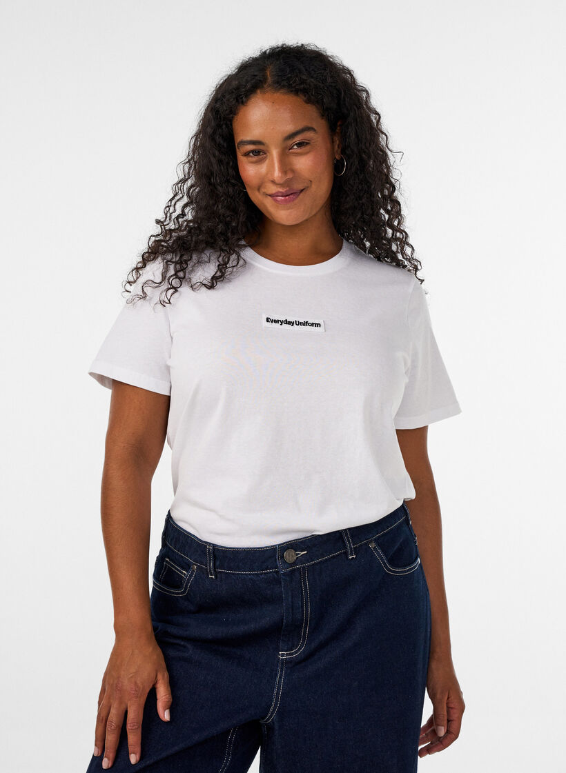 Katoenen T-shirt met tekstbadge, Wit, Model image number 0