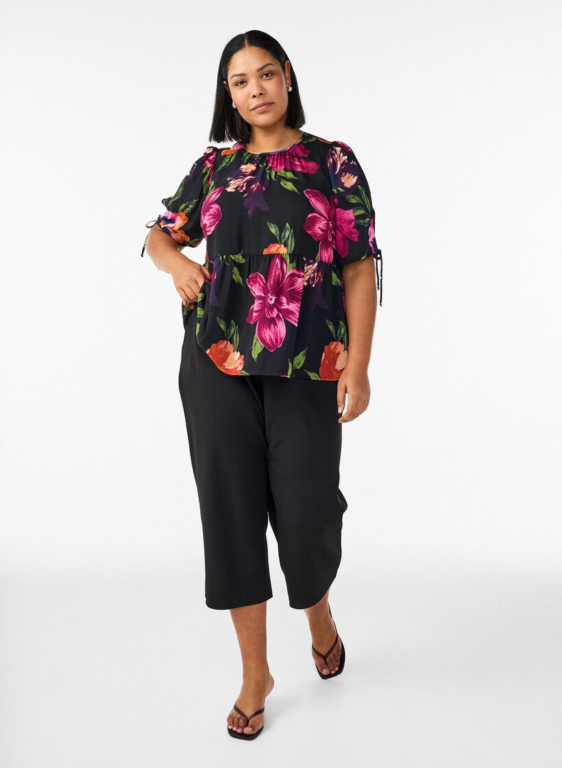 Blouse met bloemenprint en peplum, Zwart, Model image number 1