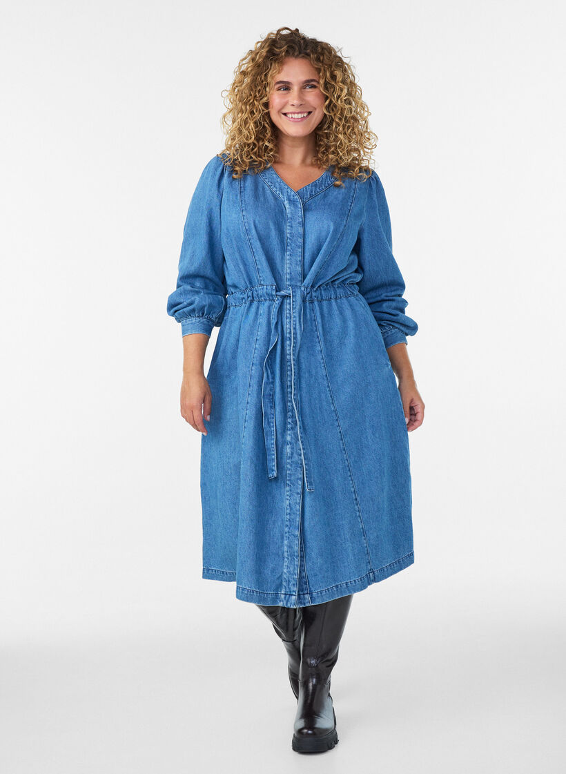 Denimjurk met V-hals en strikceintuur, Blauw, Model image number 1