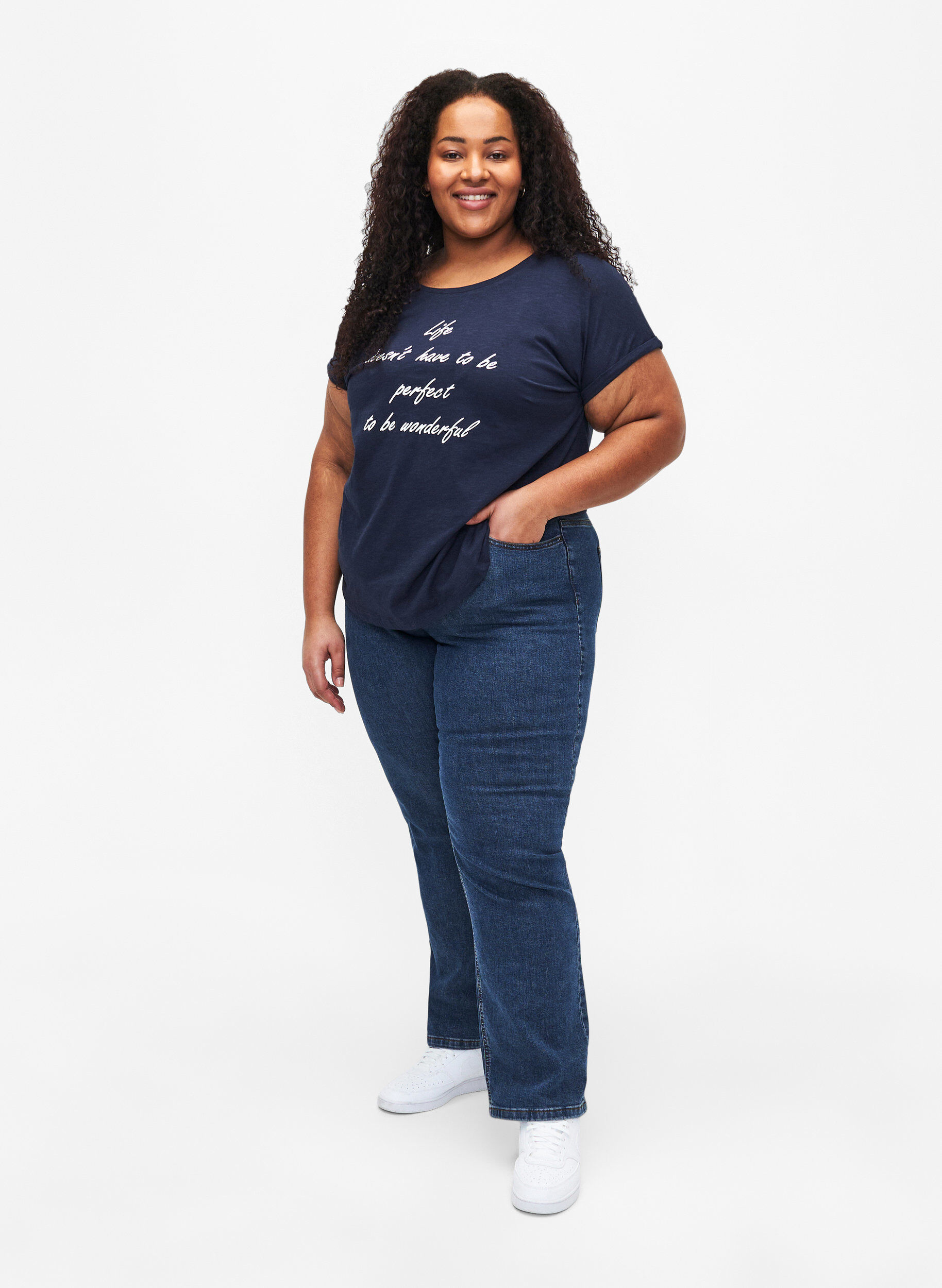 Zizzi Bedrukt T-shirt van biologisch katoen, N.Sky w. White Print, Model image number 2