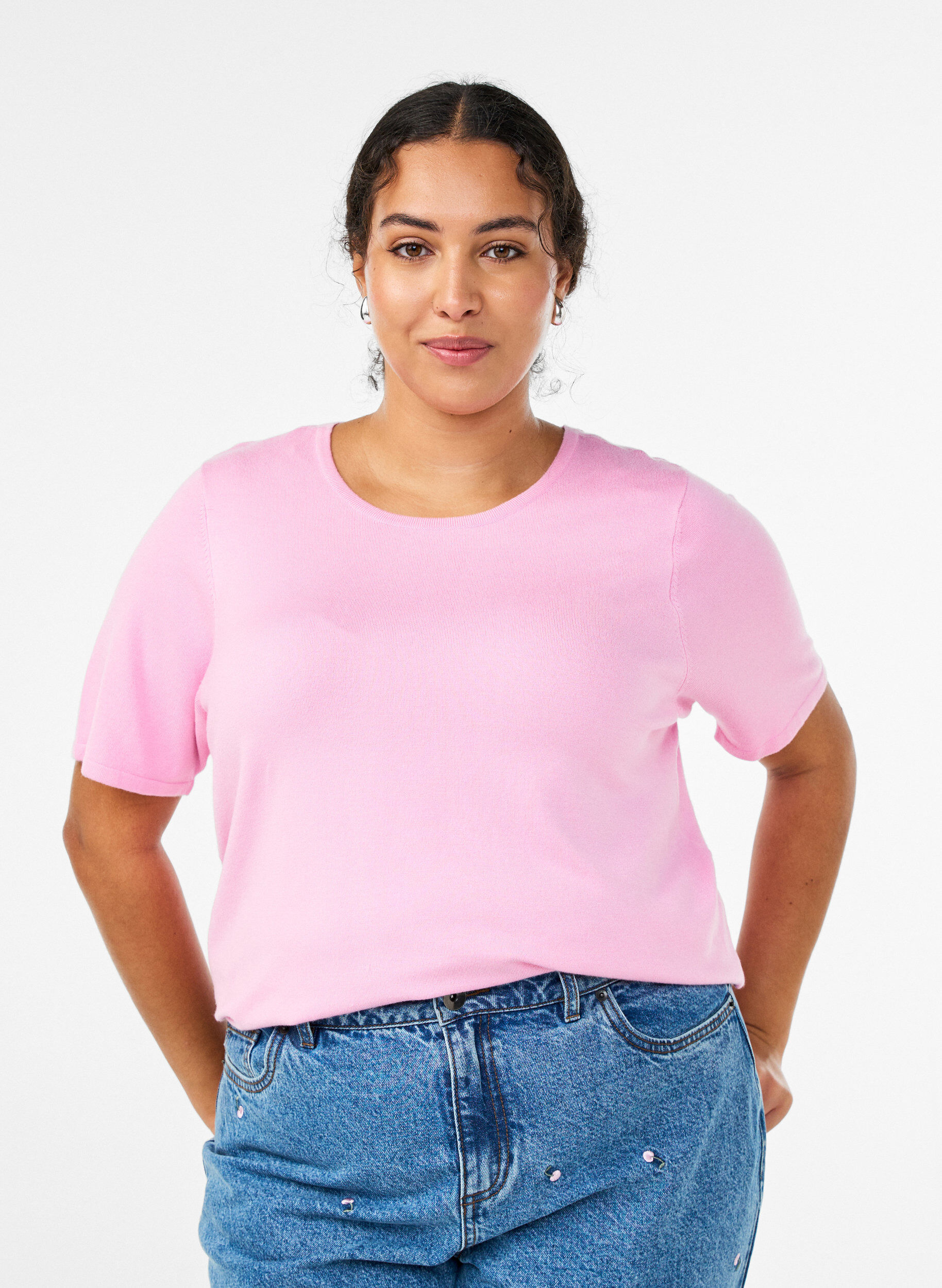 Gebreide blouse met korte mouwen van viscose, Roze, Model