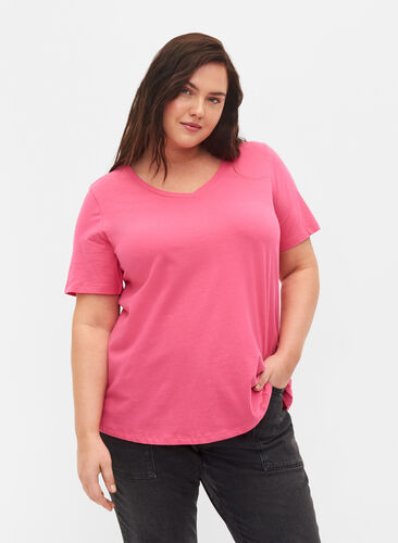 Basic t-shirt in effen kleur met katoen, Hot Pink, Model image number 0