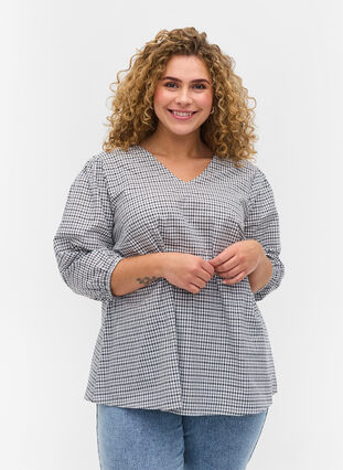 Geruite katoenen blouse met 3/4-mouwen, Black/White Check, Model image number 0