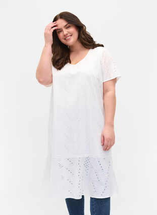 Katoenen jurk met korte mouwen en borduursel anglaise, Bright White, Model image number 0