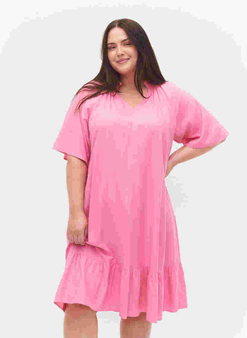 Viscose jurk met korte mouwen en v-hals, Aurora Pink, Model image number 0