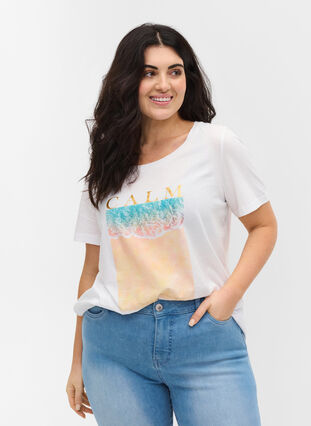 Katoenen t-shirt met korte mouwen en print, Bright White CALM, Model image number 0