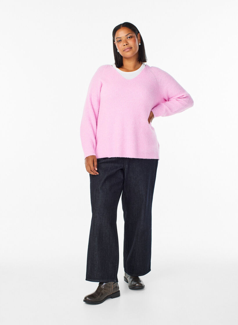 Gebreide blouse met V-hals en raglanmouwen, Roze, Model image number 1