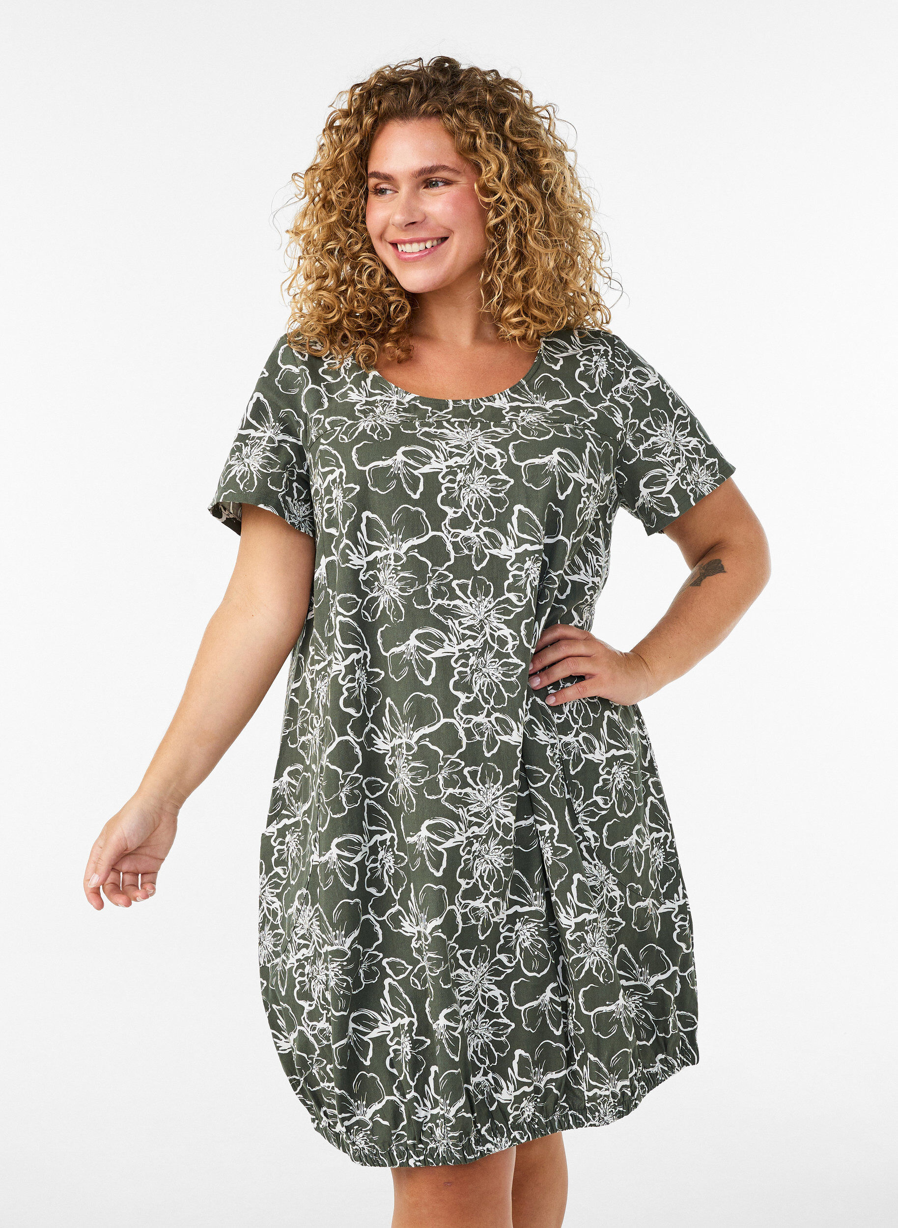 Katoenen jurk met korte mouwen en print, Groen, Model