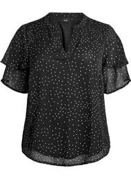 Chiffon blouse met stippeltjes en mouwen met ruches, Zwart