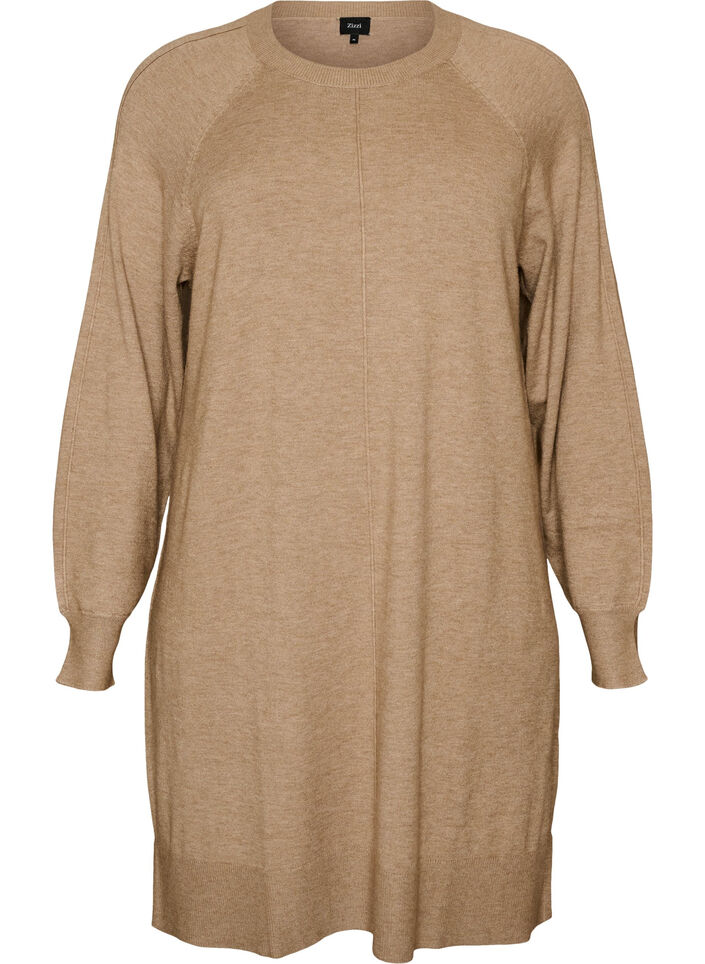 Korte gebreide jurk met raglanmouwen en een middennaad, Beige, Packshot image number 0