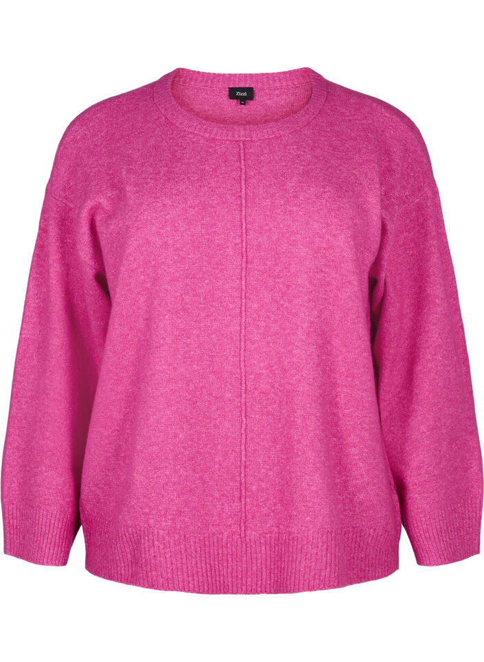 Gebreide blouse met ronde hals en middennaad, Fuchsia Red Mel., Packshot image number 0