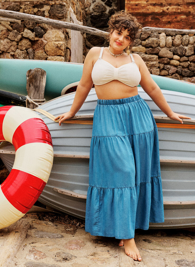 Denim maxi rok met ruches, Blauw, Image