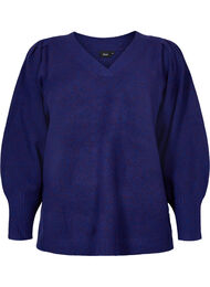 Gemêleerd gebreide trui met pofmouwen en v-hals, Ultra Violet Mel.