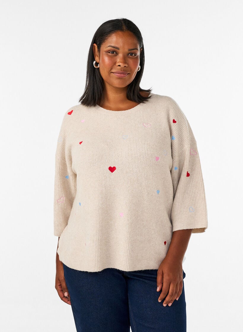 Gebreide blouse met hartjes en 3/4 mouwen, Beige, Model image number 0