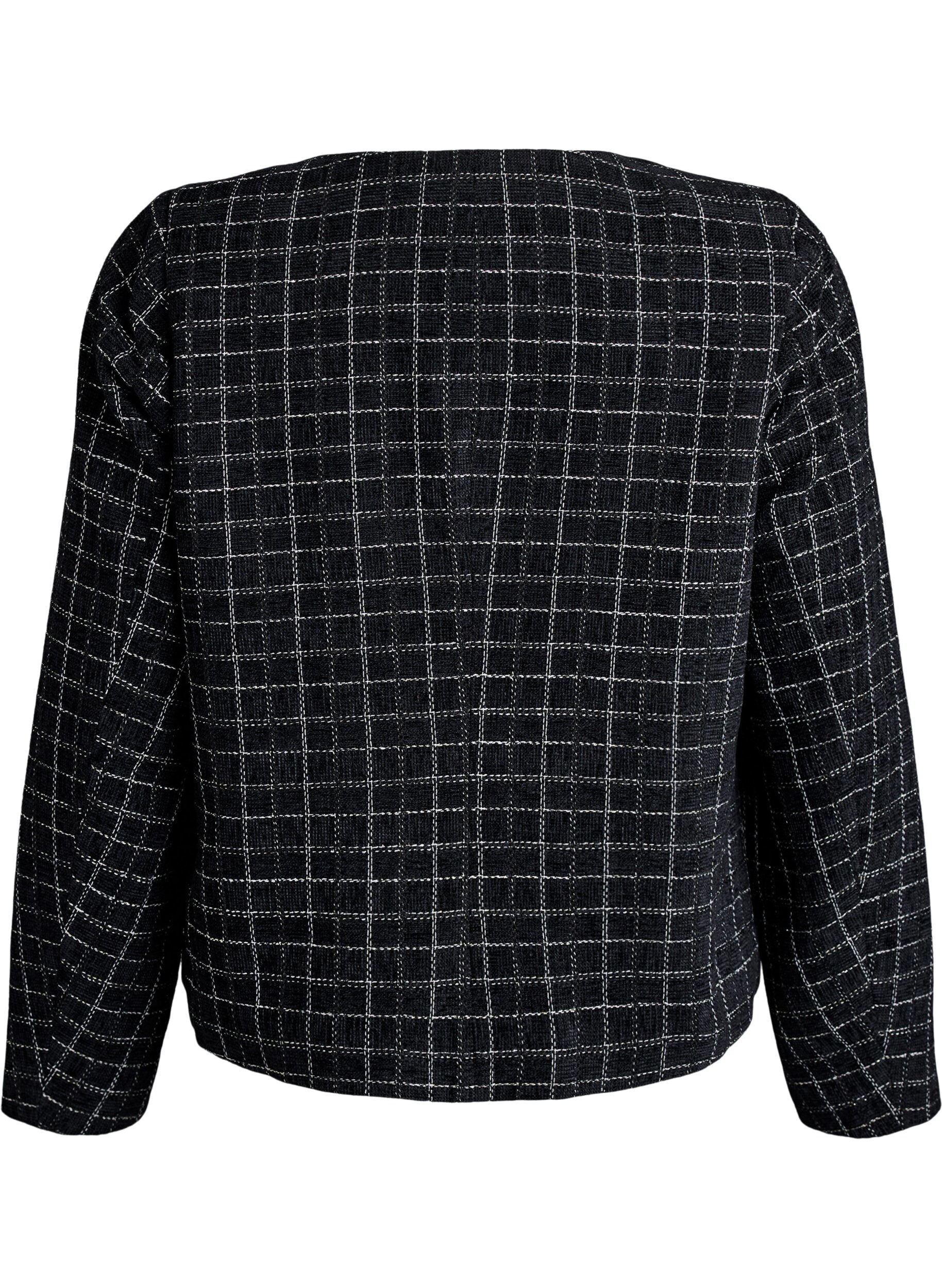 Zizzi Korte boucl&eacute; blazer met ruitjes en ronde hals, Zwart, Packshot image number 1