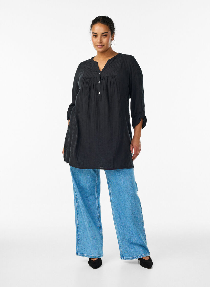 Katoenen mousseline tuniek met broderie anglaise, Zwart, Model image number 1