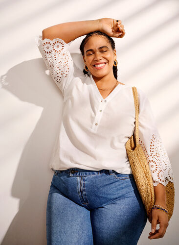 Overhemdblouse met broderie anglaise en 3/4 mouwen, Bright White, Image image number 0
