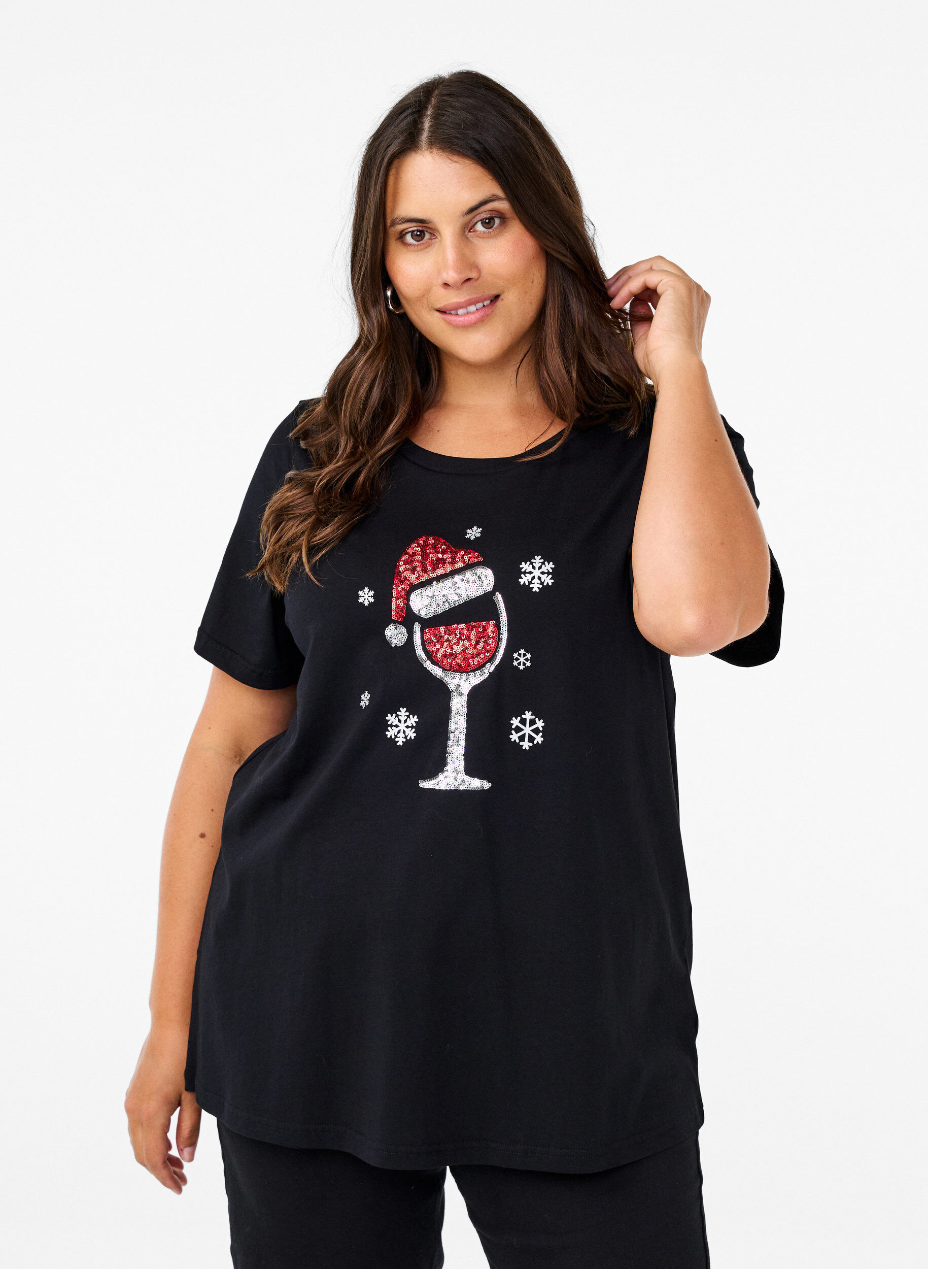 Zizzi Kerst T-shirts in 100% katoen, Black w. Wine, Model image number 0