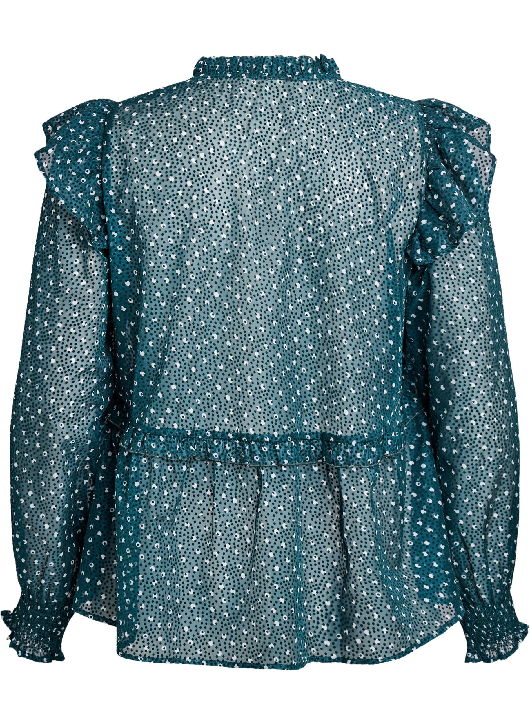 Zizzi Chiffon blouse met ruchesdetails en kleine stippen, Groen, Packshot image number 1