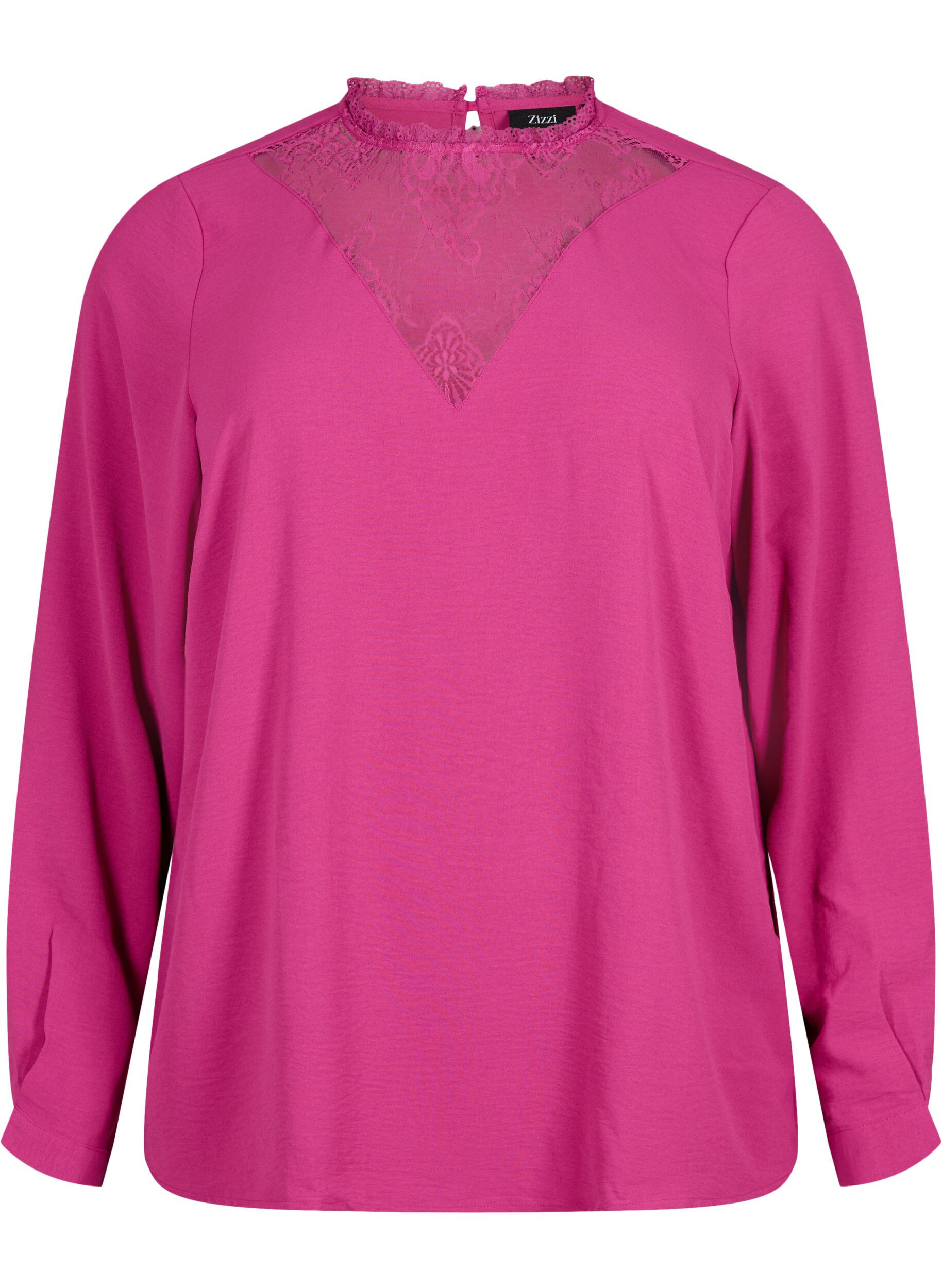 Zizzi Blouse met lange mouwen en kanten detail, Festival Fuchsia, Packshot image number 0