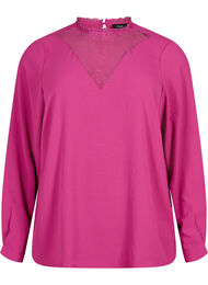 Blouse met lange mouwen en kanten detail, Festival Fuchsia