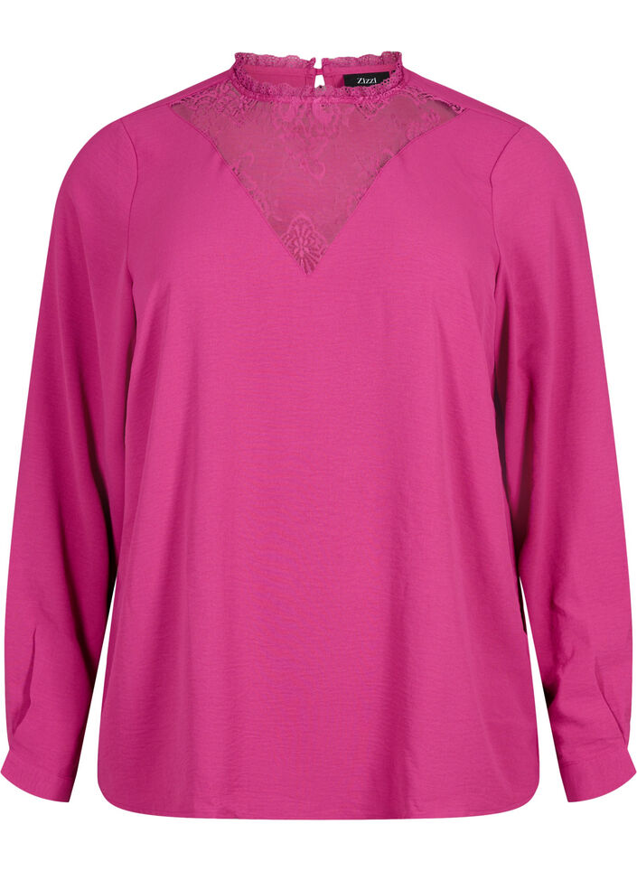 Blouse met lange mouwen en kanten detail, Festival Fuchsia, Packshot image number 0