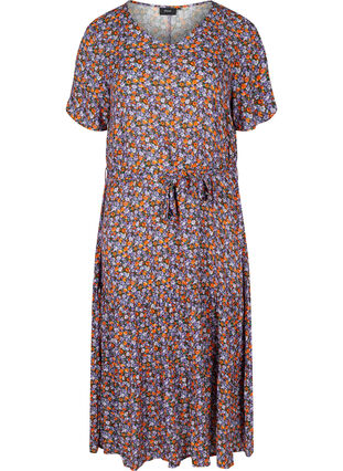 Midi-jurk met korte mouwen in viscose, Purple Ditsy Flower, Packshot image number 0