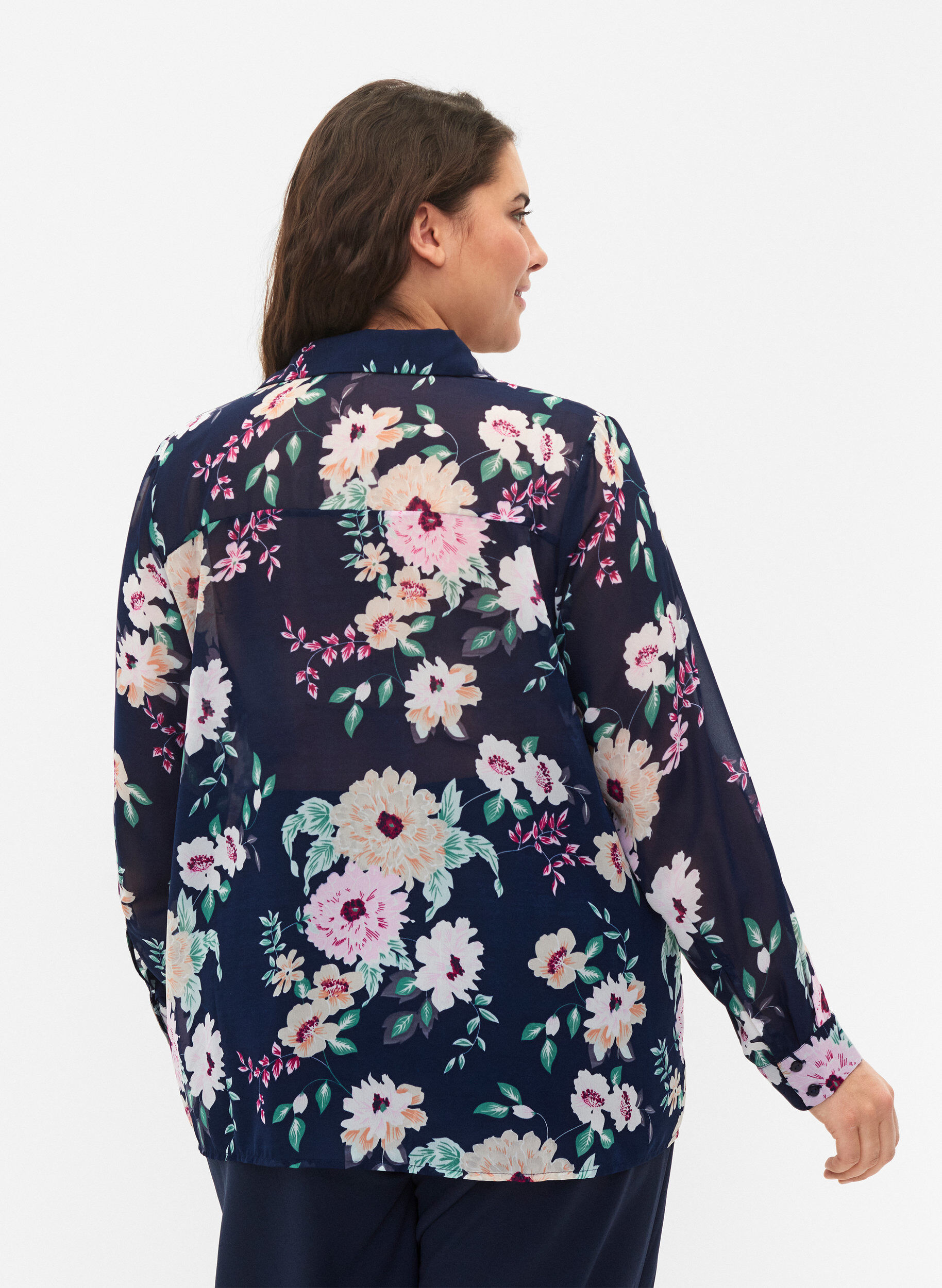 Zizzi FLASH - Shirt met lange mouwen en bloemenprint, Navy Flower, Model image number 1