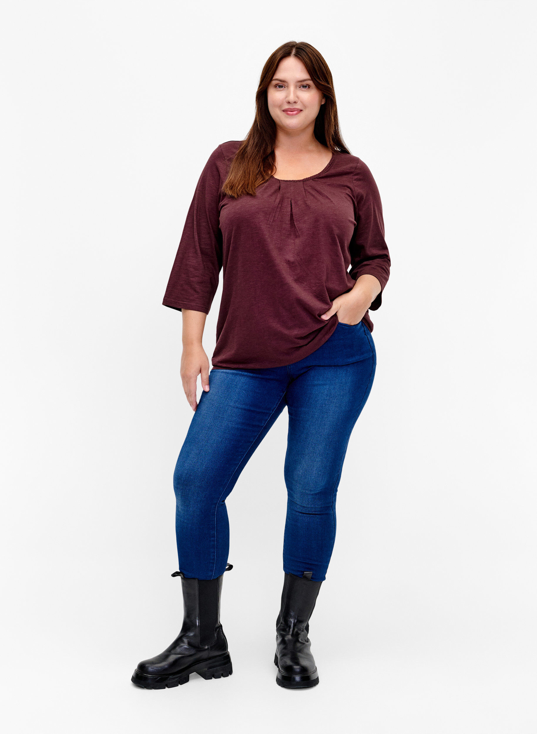 Zizzi Katoenen top met 3/4 mouwen, Fudge, Model image number 2