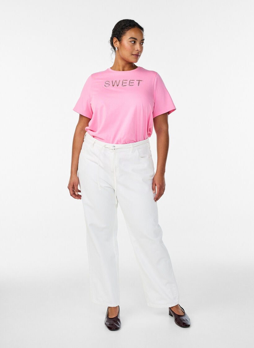 Katoenen T-shirt met geborduurde tekst, Wit, Model image number 1