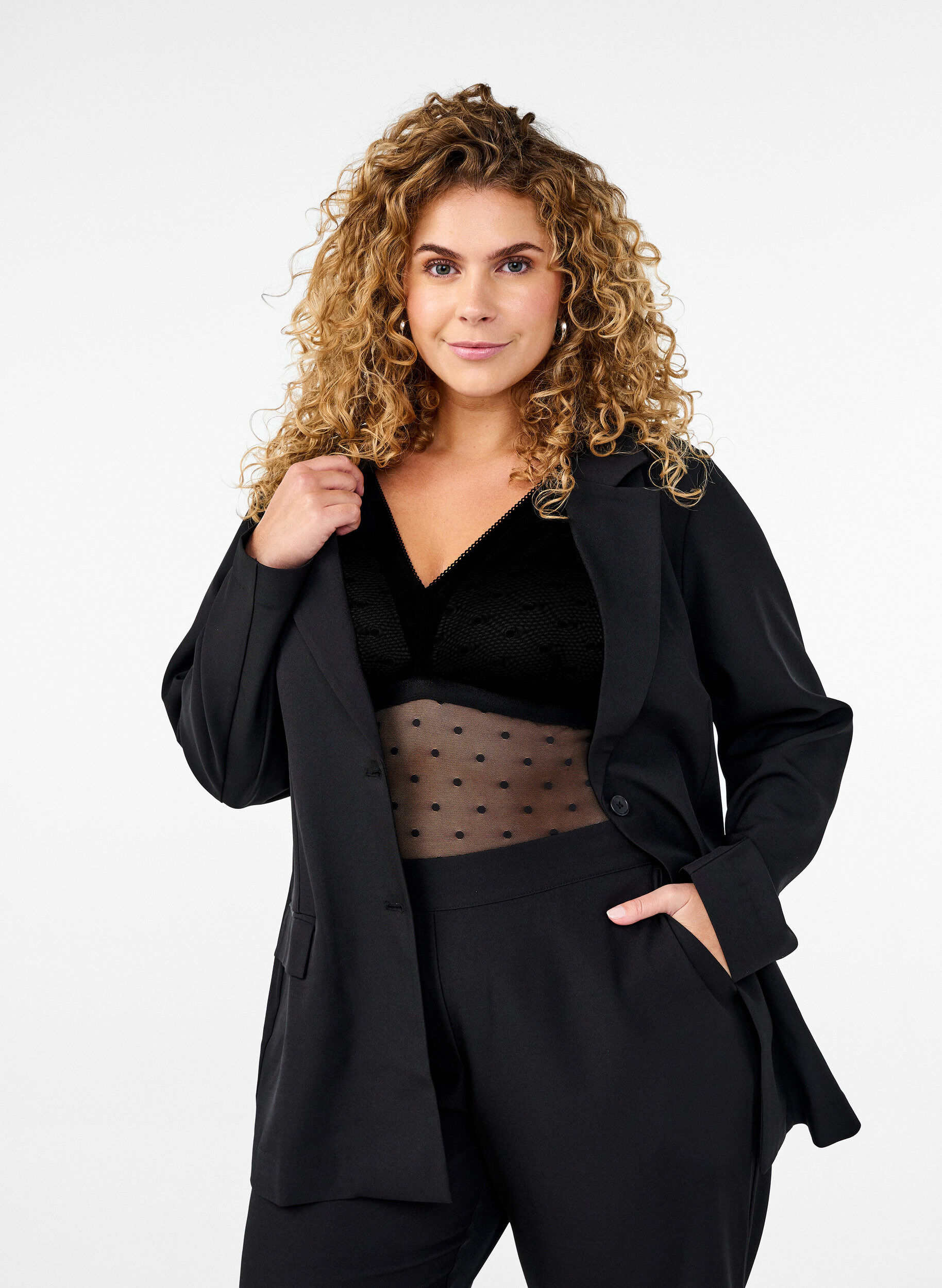 Zizzi Bodystocking met gestippelde mesh en verwijderbare pads, Black, Model image number 0