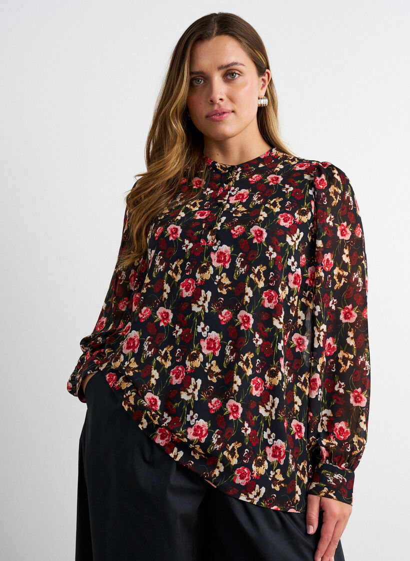 Blouse met all-overprint en korte knoopsluiting, Roze, Model image number 0