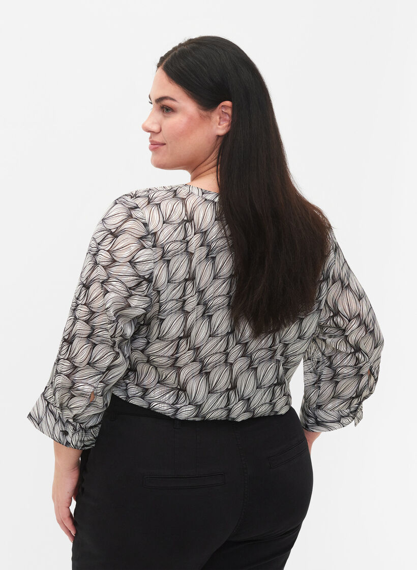 Blouse met print en 3/4 mouwen, Black White Leaf, Model image number 1