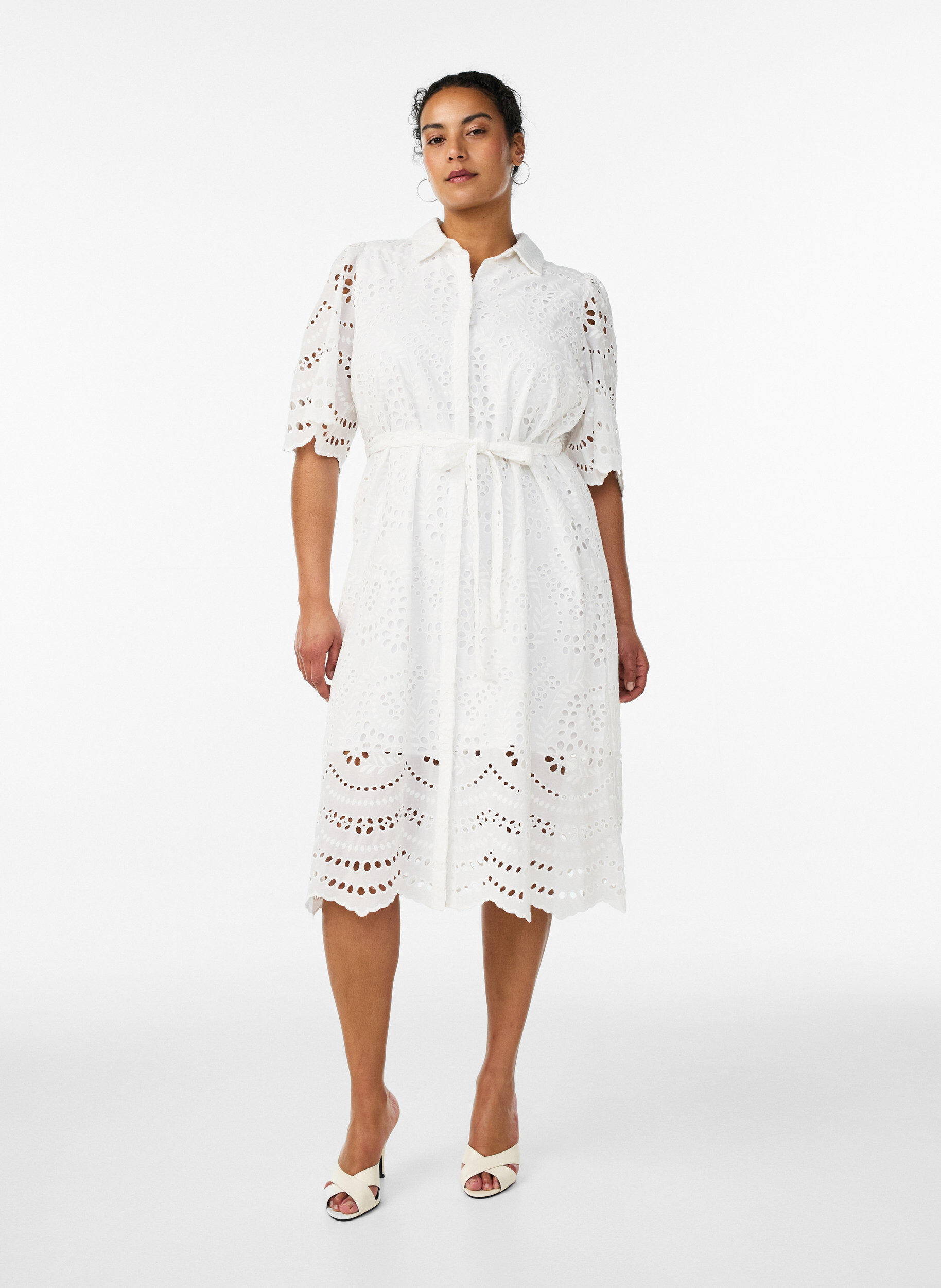 ZizziBlousejurk in broderie anglaise met strikceintuur, Wit, Model image number 1