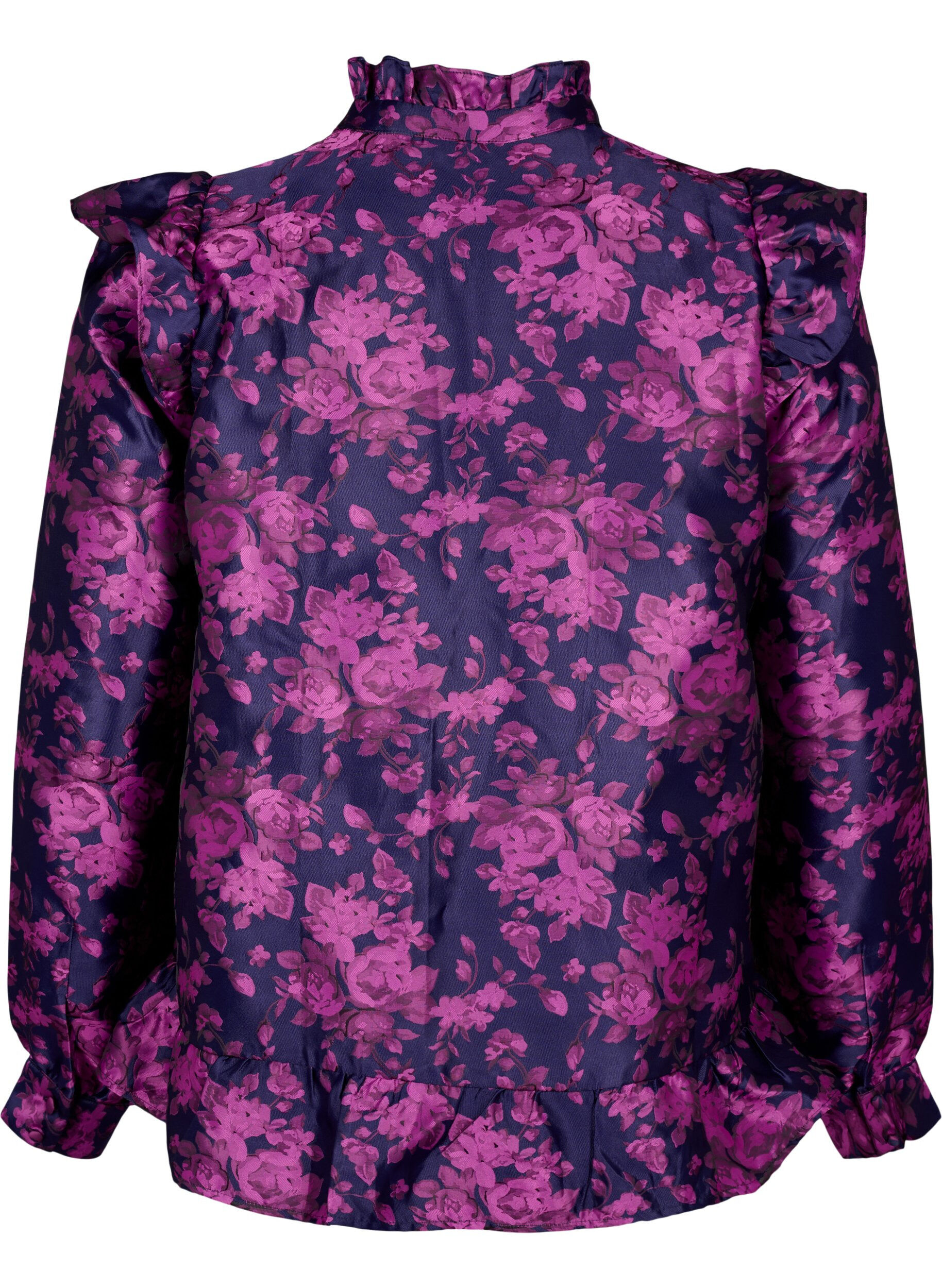 Zizzi Gebloemde jacquard blouse met ruches, Dark Blue Pink, Packshot image number 1