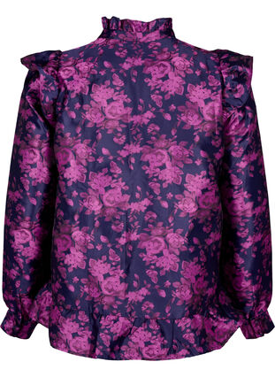 Gebloemde jacquard blouse met ruches, Dark Blue Pink, Packshot image number 1