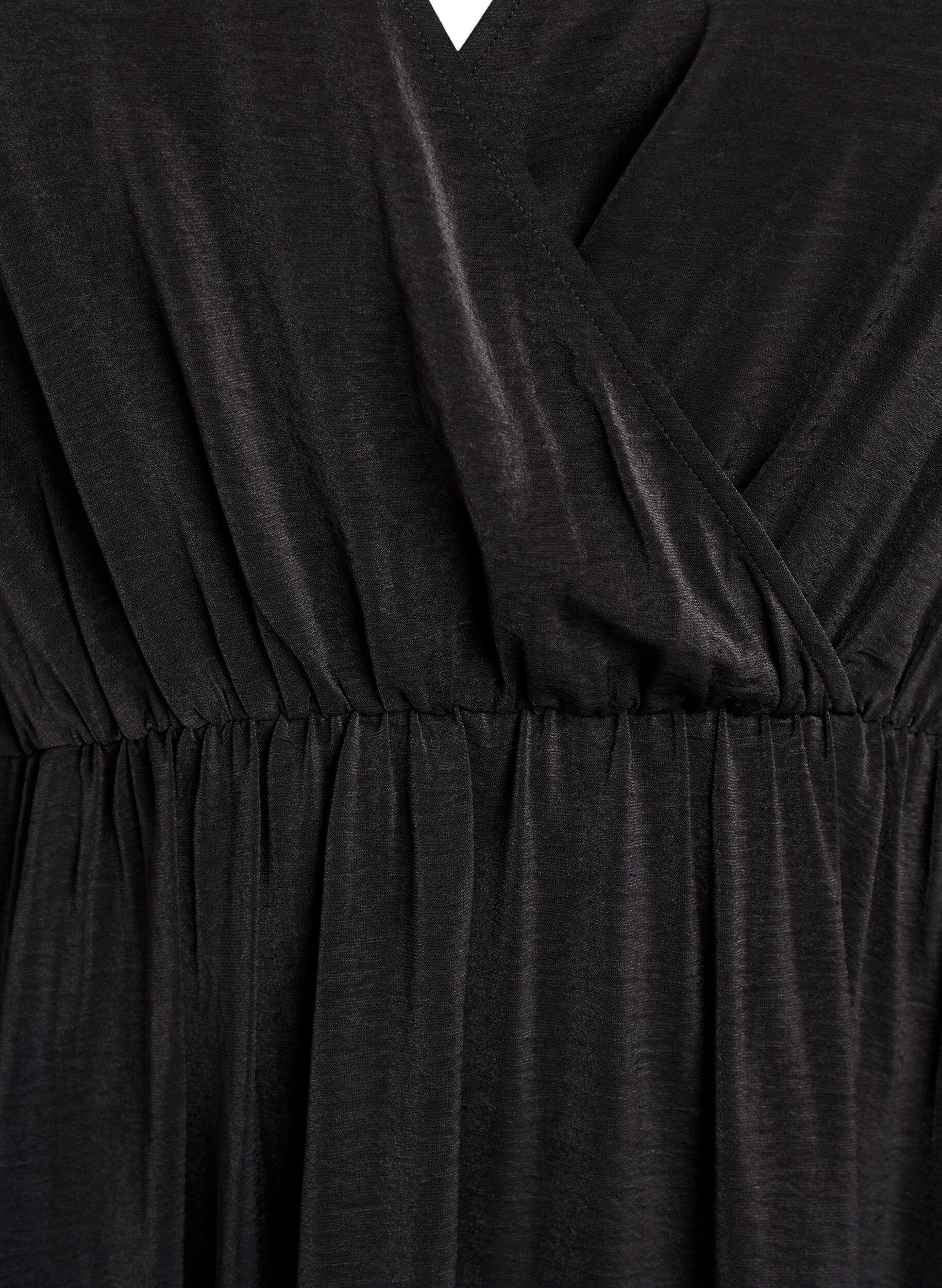 Zizzi Midijurk met overslaglook en smockmouwen, Zwart, Packshot image number 2