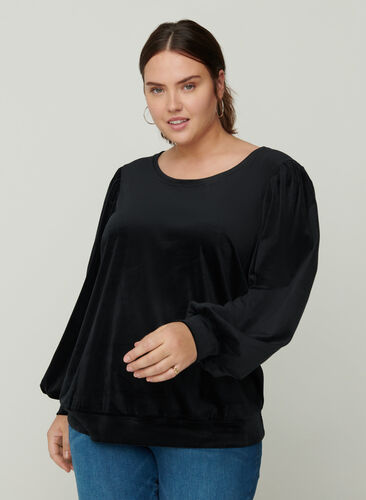 Velours blouse met lange pofmouwen, Black, Model image number 0