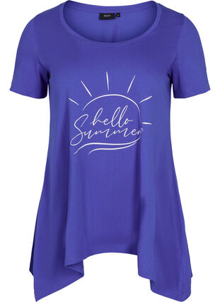 Katoenen t-shirt met korte mouwen en a-lijn, Dazzling Blue HELLO , Packshot image number 0