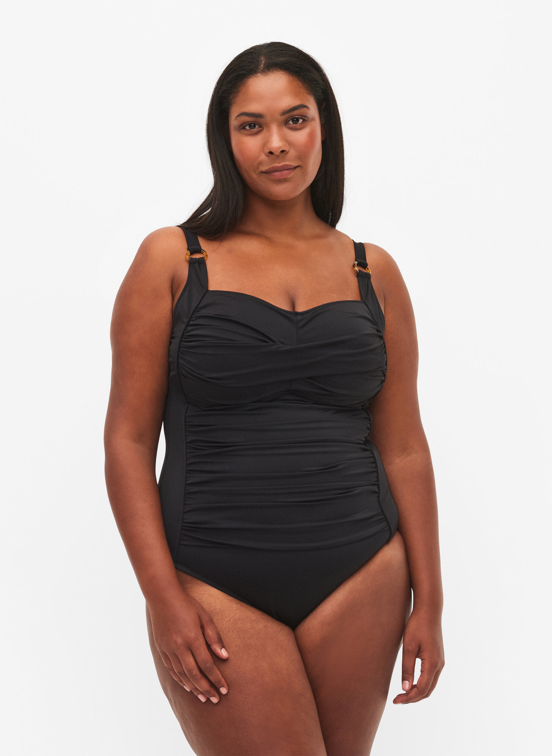 	 Gewatteerd badpak met draperie&euml;n, Zwart, Model