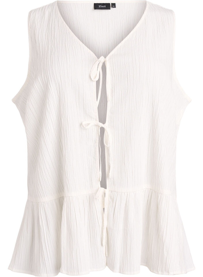 Mouwloze blouse met textuur en een striksluiting, Vanille, Packshot image number 0