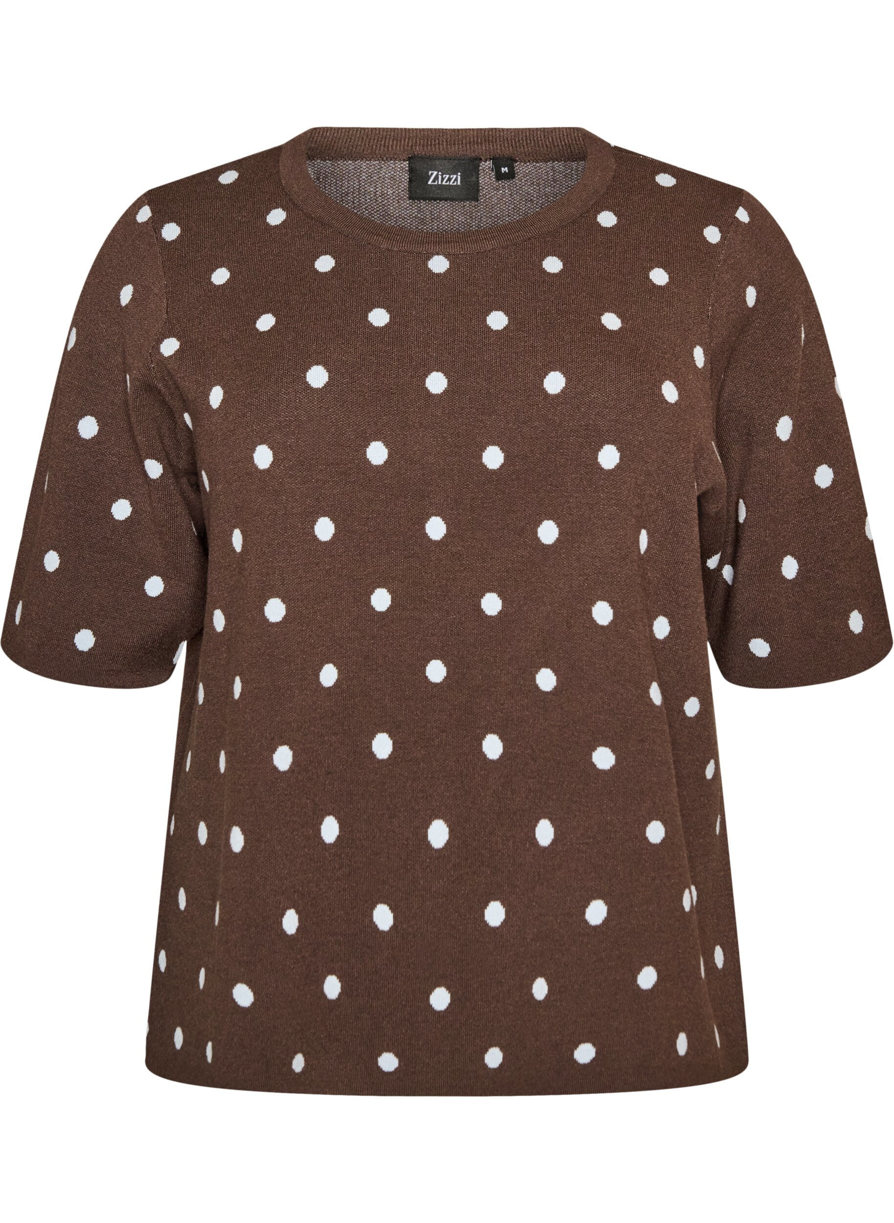 ZizziGebreide blouse met korte mouwen en stippen, Bruin, Packshot image number 0